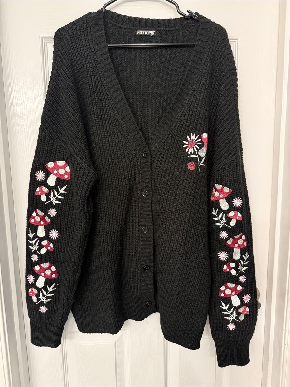 Hot Topic Black Cardigan with Red & White Mushroom Embroidery